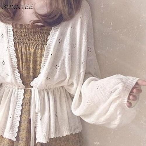 Cardigan Women White Knitting Elegant Japanese Style Lantern Sleeve Lace Up Sun-proof Loose All-match Female Outerwear Leisure