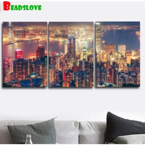 Triptych Diamond Painting full square,City Night Scenery,picture of Rhinestones painting full round diamond embroidery mosaic