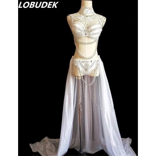 White Red Gold Rhinestones Bikini Long Trailing Skirt Set Sexy Female Singer Host Stage Outfit Model Catwalk Performance Costume