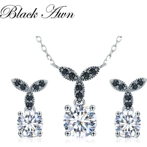 [BLACK AWN] 925 Sterling Silver Fine Jewelry Sets Trendy Engagement Wedding Necklace+Earring for Women PT035