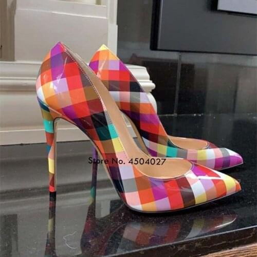Multicolor Checkered High Heel Shoes Colorized Plaid 12cm 10cm Gladiator Shoes Slip-on Wedding Pumps