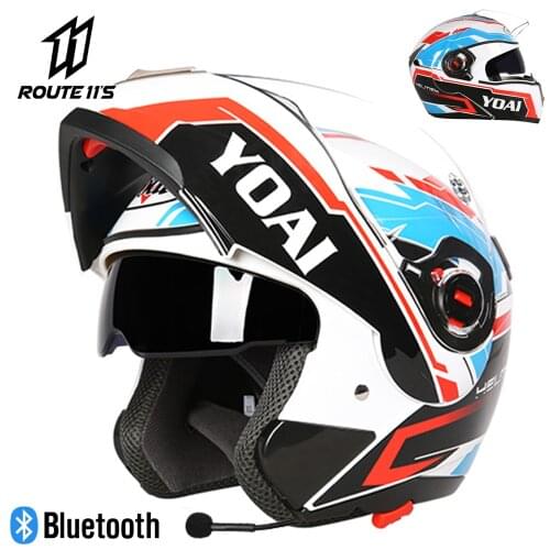 YOAI Four Seasons Motorcycle Open Face Helmet Bluetooth Helmet ABS Material Off-road Motorcycle Full Face Helmet Double Lens