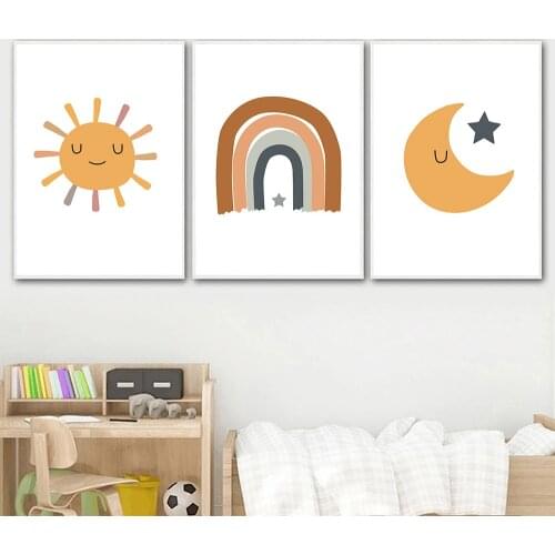 Cartoon Sun Moon Canvas Art Print Nursery Painting Rainbow Boho Wall Art Poster Children Nordic Wall Pictures Kids Room Decor