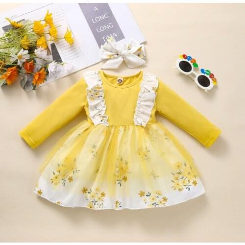 6M-3T Toddler Girl Dresses Baby Dress Fall Long Sleeve Floral Print Ruffle Yellow Mesh Dress + Headband Baby Clothing Wholesale