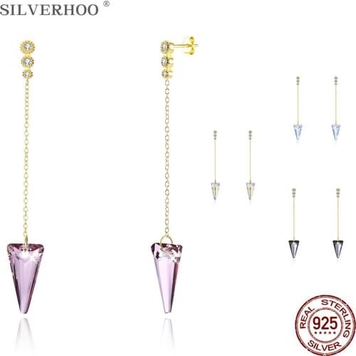 SILVERHOO Earrings 925 Sterling Silver Geometric Drop Earrings For Women Pink Austria Crystal Romantic Anniversary Gift 2020