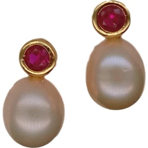 YYGEM gold filled red Cubic Zirconia Pave Natural Cultured Pink Rice Freshwater Pearl Stud Earrings