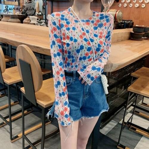 JuneRain Angel Print Sheer Blue Black Mesh Long Sleeve Blouse Shirts Women Spring Summer Pullovers Elegant Sexy See Through Tops