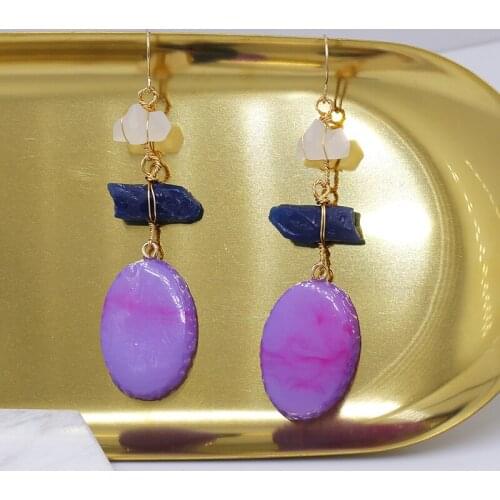 Vintage Natural Stone Handmade Long Dangle Earrings Women Geometric Statement Indian Ethnic Drop Earring Jewelry Female Purple