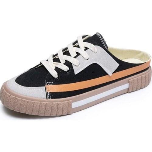 2021 Spring Womens Vulcanize Shoes Color Block Half-up White Shoes Ladies Lace Up Breathable Walking Canvas Zapatos De Mujer