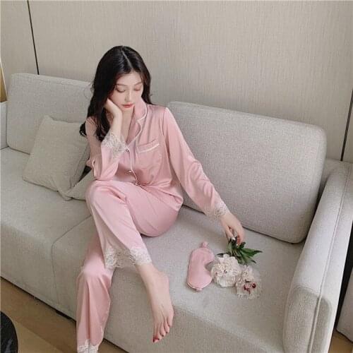 Women Satin 2PCS Pajamas Suit Spring Autumn New Casual Sleepwear Lace Trim Nightwear Full Sleeve Pant Pijama Loose Home Wear