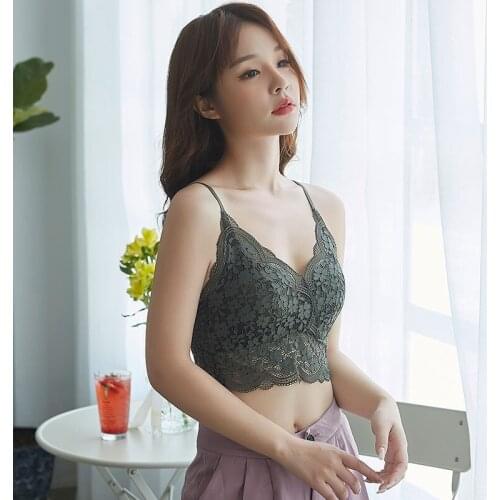 Women Wire Free Bralette Sexy Sweet Hollow Out Lace Floral Tank Tops Female Intimates Camisole With Chest Padded