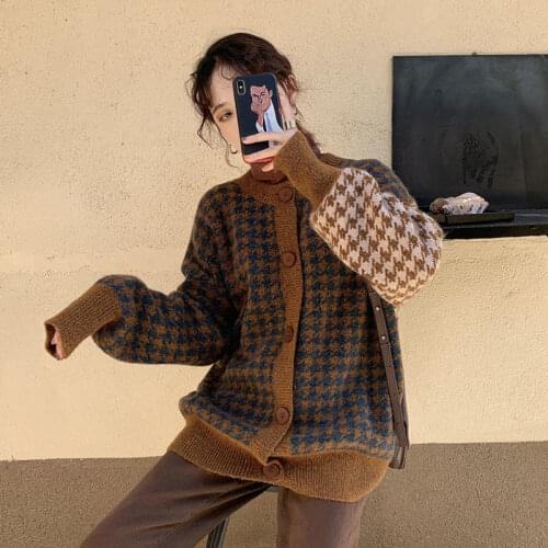 Autumn and winter 2020 new baggy thousand birds cardigan sweater coat women retro knitwear women