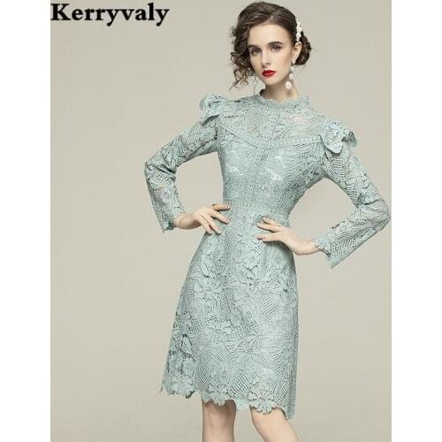 Spring Retro Court Style Pleated Wooden Ear with Hook Flower Hollow Out Long Sleeve Women Dress Ropa Mujer Talla Grande K8139