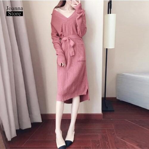 Sweater dress women plus size sexy dresses vintage elegant pink black winter fall warm dress V neck spring knitted tide clothes