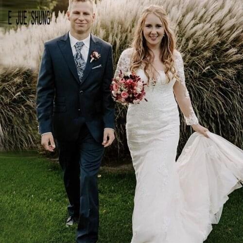 E JUE SHUNG Robe De Mariee Long Sleeves Mermaid Wedding Dresses Sheer V-Neck Button Back Lace Appliques Tulle Wedding Gowns