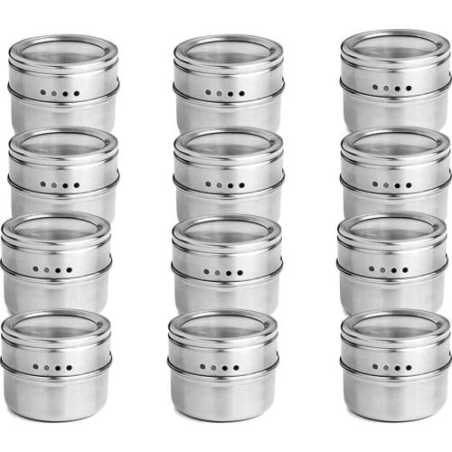 NHBR-12pcs/set Clear Lid Magnetic Spice Tin Jar Stainless Steel Spice Sauce Storage Container Jars Kitchen Condiment Holder