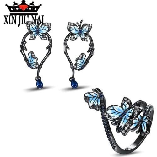 2020 hot new arrival arrives fashion luxury enamel color exquisite blue butterfly European and American ball banquet jewelry set