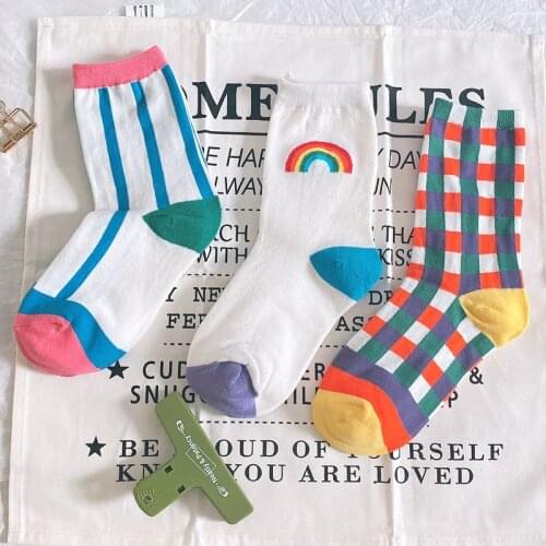 3 Pairs/lot Autumn Winter Socks Cotton Rainbow Women Sock College Fashion Plaid Socks Girls Sox