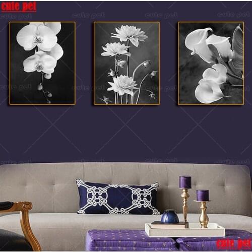 DIY Diamond Painting Black and white flower art Kits Full Drill Embroidery Cross Stitch Mosaic rhinestone Art puzzle Decor 5PCS