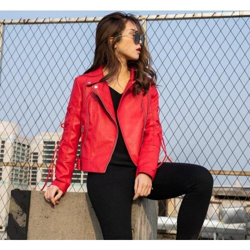 Women Faux Leather Jacket high quality Vintage Biker Coat Short Zipper Motorcycle PU Red Jacket Spring Street Leather Coat Black