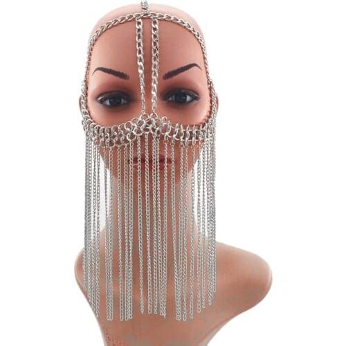 Fashion Sexy Tassel Head Chain Long Aluminum Face Mask Head Chains Halloween Stage Performance Bar Nightclub Headwear