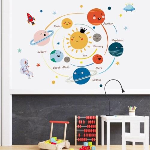 Cartoon Solar System Planets Wall Sticker for Kids Rooms Decoration Wall Decals Mural Removable Wallpaper Vinyl Nursery Stickers