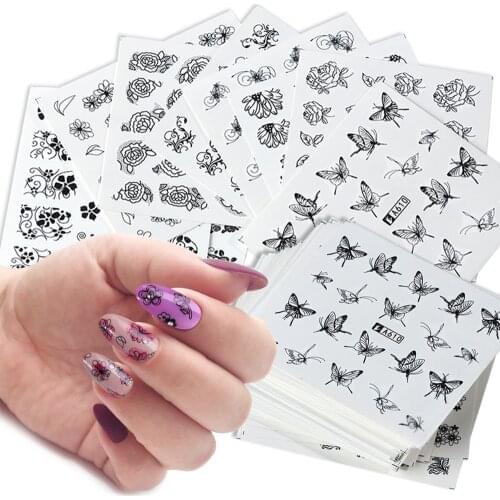 40pcs Black Nails Sticker Art Set Water Decal Lace Flower Butterfly Slider Design Nail Tattoos Wraps Decoration SAA577-616