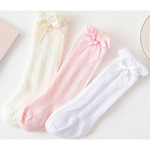 Bow Babys Socks Spring Summer Thin Mesh Cotton Medium Hose Newborn Babies' Socks Loose Mouth Boneless 0-3 Years Old