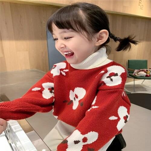 2021 New Girl Casual Sweater Childrens Knitted Woolen Turtleneck Autumn/Winter Kids Cute Long Sleeve Keep Warm Thicken Cartoons