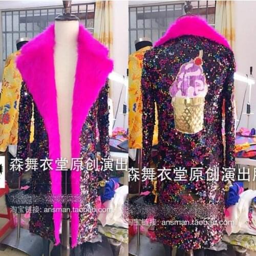 New Nightclub male singer DJ host catwalk jackets high-end fluorescent long fur coat jacket coat gradient Long fur Trench coat