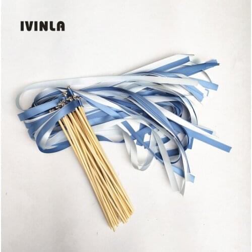 NEW ARRIVED 50pcs/lot light blue wedding ribbon wands stick with gold bell