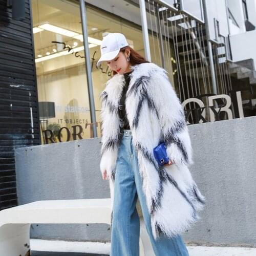 Winter Korean fashion white black plaid color block faux fur long overcoats women fake Mongolia Sheep Fur coat outerwear A281