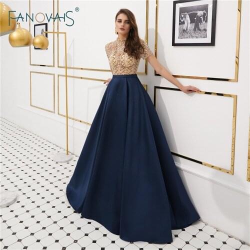 Luxury Evening Dresses Long 2018 High Neck Crystal Beaded Prom Dress Satin Women Evening Gown Vestido de Fiesta NS6