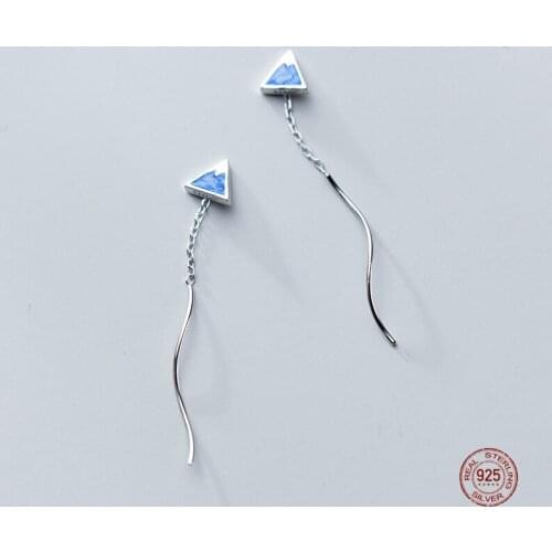 LKO 925 Sterling Silver Blue Drop Glaze Triangle Drop Ear Line Wave Simple Earrings For Women Girls Party Jewellery Ornaments