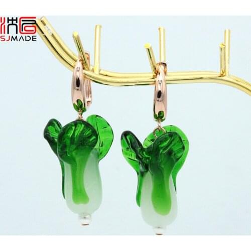 SJMADE Green Coloured Glaze Chinese Cabbage Vegetables Shape Dangle Earrings For Lady Girls Hipster Unique Personality Jewelry