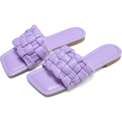 Women Slippers 2021 Summer Weave Shoes Platform Square Toe Low Heels Outdoor Slides Casual Beach Female Ladies Shoes Plus Big