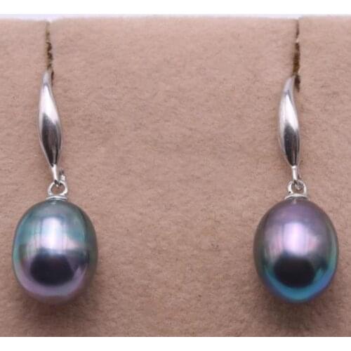 Fine 8.5-11.5mm White Black Pink Oval Freshwater Cultured Pearl Earrings