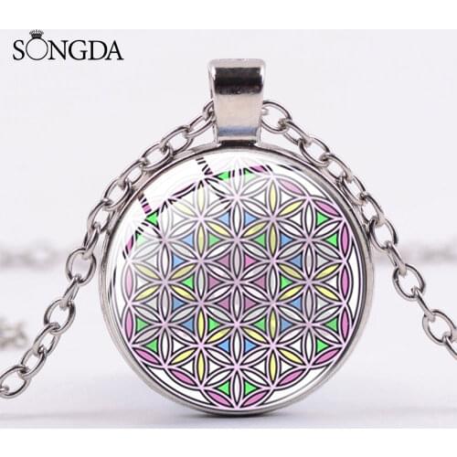 Vintage Yoga Flower of Life Painted Glass Cabochon Pendants Necklaces Handmade Art Photo Glass Cabochon Necklace Handicraft