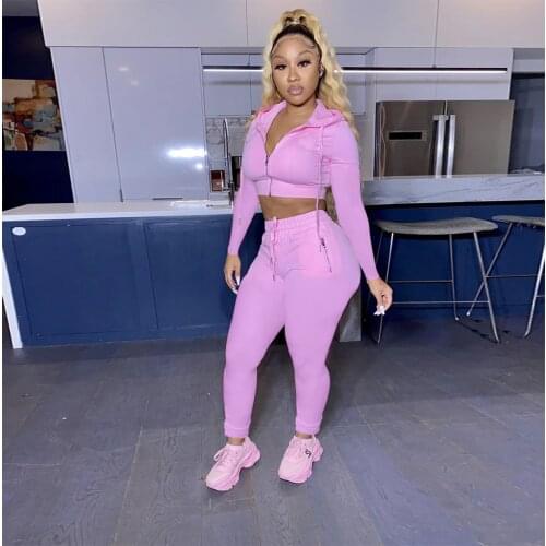 Women Casual 2-piece Outfit Tracksuit Long Sleeve Zipper Crop Top Hoodies Drawstring Skinny Trousers Sport Set