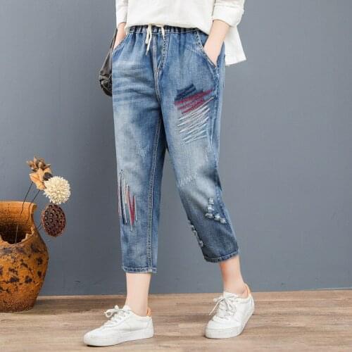 High Waist Jeans For Women Vintage Embroidery Denim Overalls Harem Pants Calf-Length Hole jeans mujer