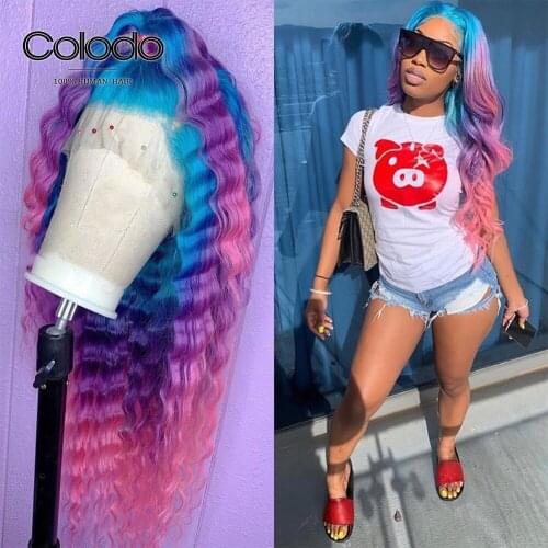 COLODO Transparent Lace Wigs Blue Purple Pink Pre Plucked Deep Wave Wig Remy Brazilian Lace Front Human Hair Wigs for Women