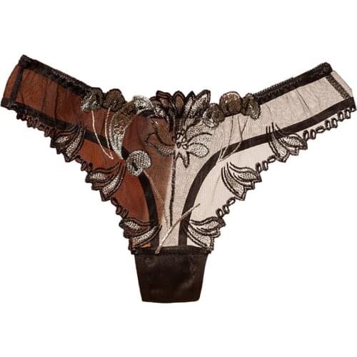 Womens Underwear Transparent Panties Ladies Seamless Underpant Low Waist Thong Nylon Sexy Mesh Yarn Flower Embroidery Lingeries