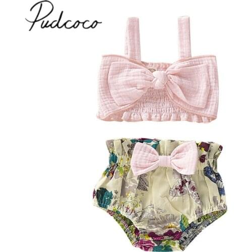 2019 Baby Summer Clothing Cute Baby Girls Clothes Sets Sleeveless Pink Bow Vest Crops Tops+Floral Shorts Bottoms 2PCS Outfits