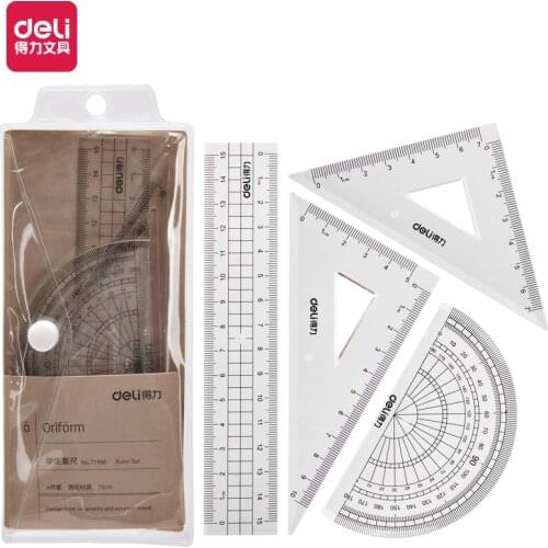 4pcs / set of Deli 71988 grid multifunctional drawing combination ruler + triangle plate + protractor, student office supplies
