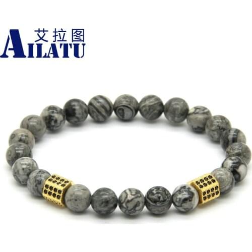 Ailatu Wholesale 10pcs/lot 8mm Grey Marble Stone Beads with Rectangle Micro Inlay Black Zircon cz Beads Bracelets Gift