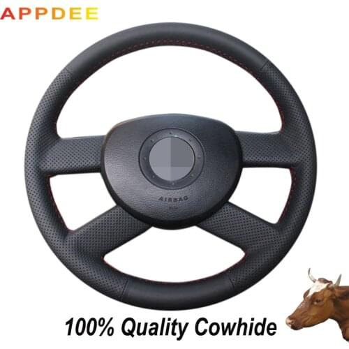 APPDEE Black Genuine Leather Car Steering Wheel Cover for Volkswagen VW Polo 2003-2006
