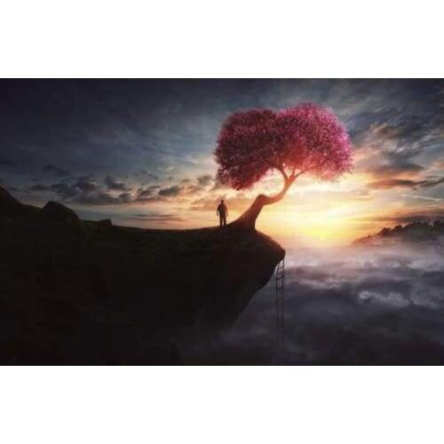 GLymg Diy Diamond Embroidery Cherry Tree Atop Mountain 5D Diamond Painting Craft Bright Rhinestones Embroidery Wall Arts Decor