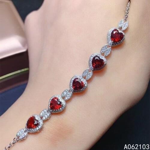 KJJEAXCMY fine jewelry 925 sterling silver inlaid natural garnet girls exquisite fashion luxury heart gem bracelet support test