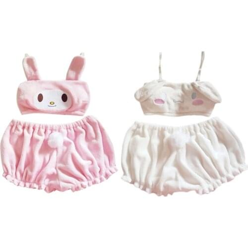 K3NF Women Kawaii Anime Plush Pajamas Set Sweet Bunny Ears Velvet Tube Top Bra Bloomers Shorts Sleepwear Cartoon Cosplay