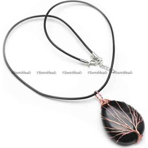 Water Drop Natural Black Agate Amethyst Life Tree Guard Mineral Jewelry Fashion Couple Decoration Pendant Necklace DIY Gift